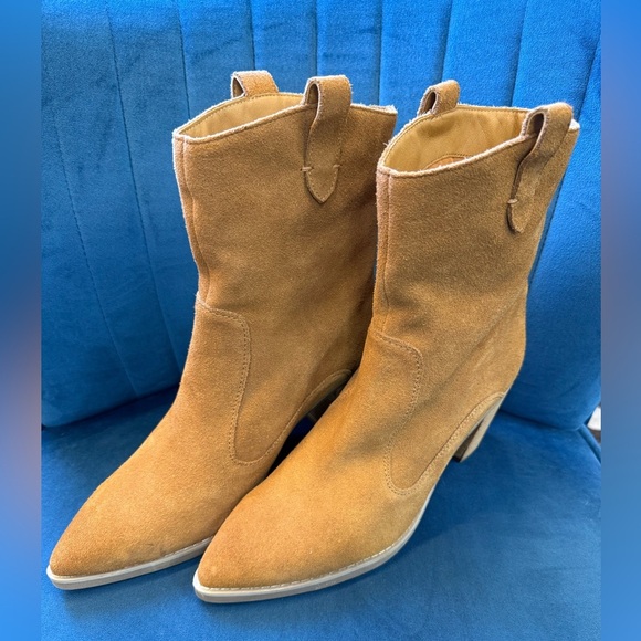 Splendid Shoes - Splendid Raquel Tan Suede Western Ankle Boots Pointed Toe Block Heel